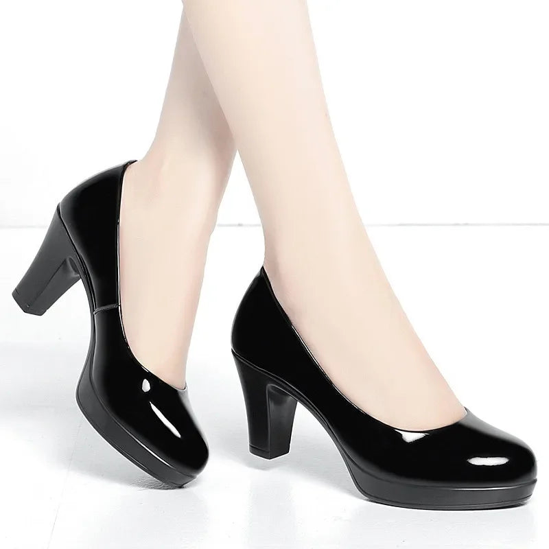 6cm 8cm Plus Size 34-42 Elegant Patent Leather Shoes Women's Platform Pumps 2026 Spring Shallow Med Block Heels Shoes Office Mom