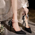 2024  French New Pointy Shallow Mouth Temperament Elegant Sequin Bow High Heels Women's Fine Heel Pearl Line with A Single Shoe