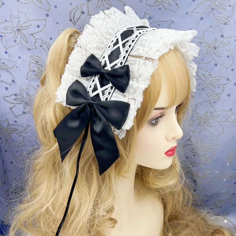 2024 Japanese Lace Bow Ribbon Lolita Headdress Ears on The Head Headband Lolita Maid Anime Cosplay Hair Accessories