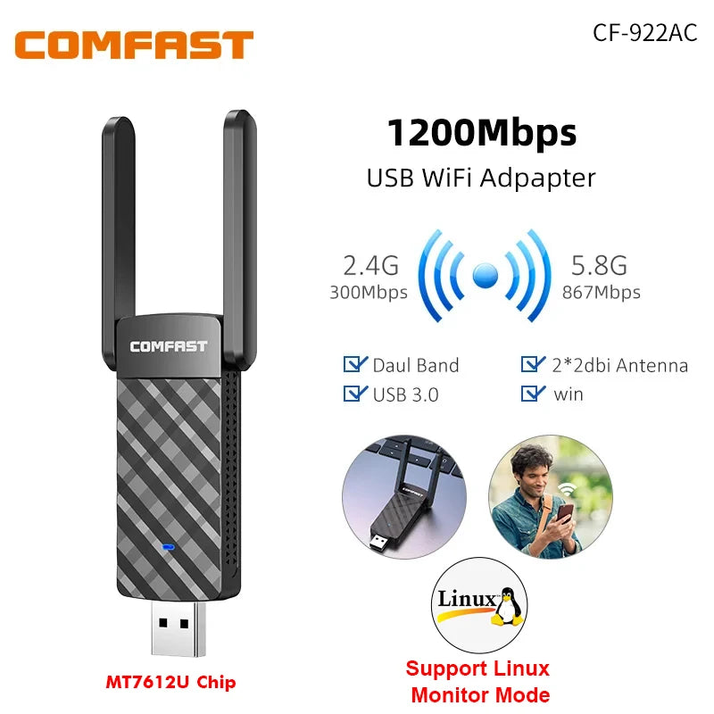 COMFAST 1200M MT7612U USB WiFi Dual Band 5G/ 2.4G Adapter Antenna Dongle LAN Adaptador Windows /Linux - Visuel 8 | SAMAG