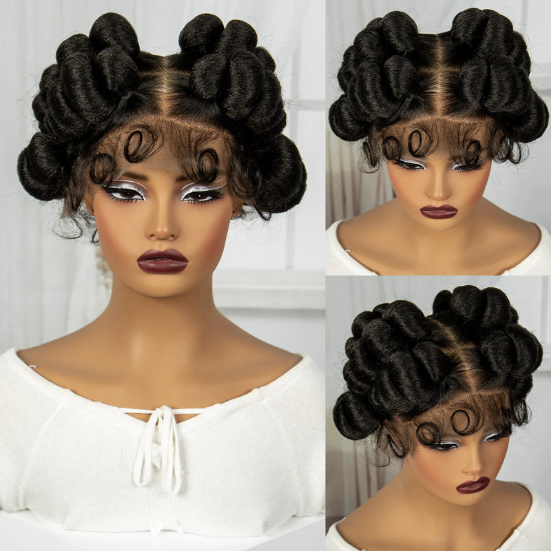 Natural Color 6Inch Transparent Full Lace Braided Wigs Short Cute Handmade Bantu Synthetic Braided Lace Wigs Knotless Braids Wig