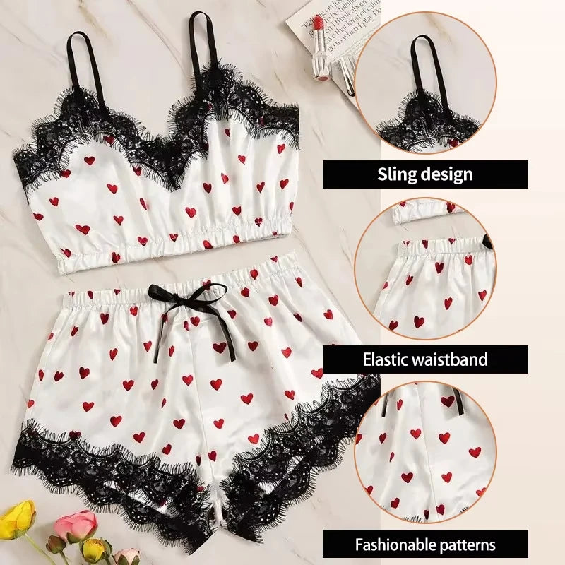 Pajama Suit Women Fashion V-Neck Stretch Satin Lace Sexy | SAMAG