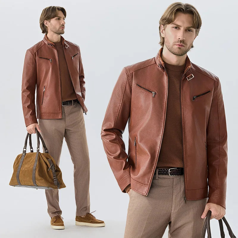 Men PU Leather Jacket Fashion Autumn Winter Stand Collar Slim Leather Jackets Warm Casual Coat Moto Biker Windproof Leather Coat