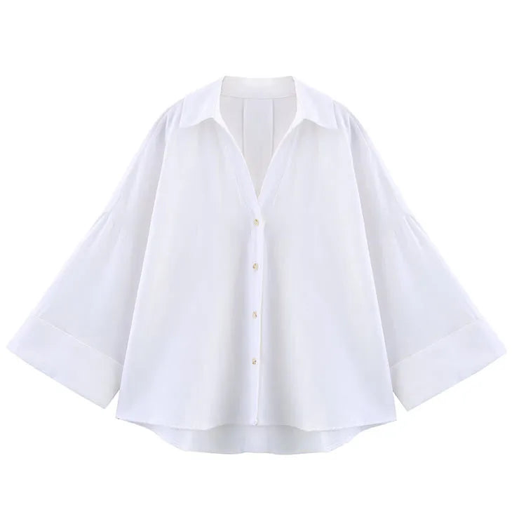 HipSeam Wide Sleeved Shirt Women Spring Asymmetric Hem Button Women's Shirts Simple Lady Johnny Collar Shirts & Blouses