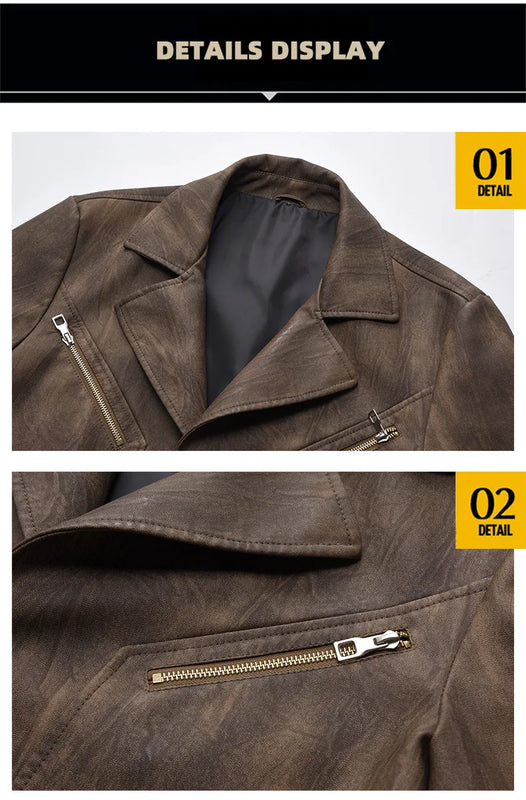 Men's Brown PU Jackets with Lapels for Fall and Winter, Dark Gray Faux Leather Coats for Spring, European Sizes S–XXXL.