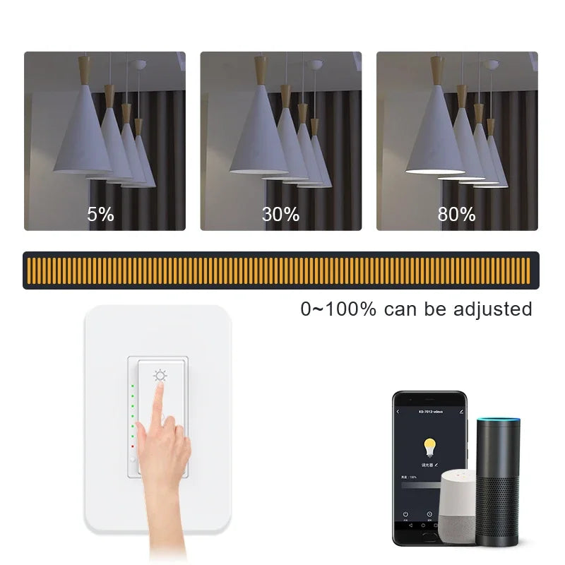 3 Way US WiFi Dimmer Switch Smart LED Light 110V Dimmable Switches Netural Wire Required Remote Control For Alexa Google Home