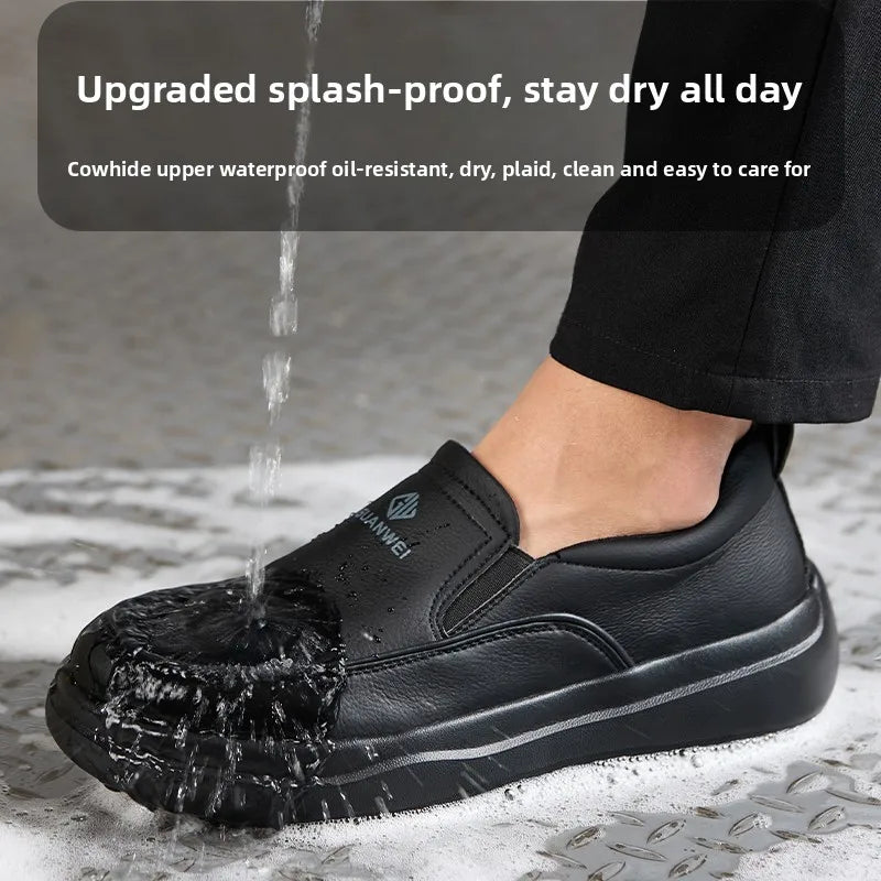 Anti-Skid Kitchen Work Shoes Non-slip Chef Slip-on Shoes Men Women Lightweight Black Restaurant Shoes Waterproof Leather Boots
