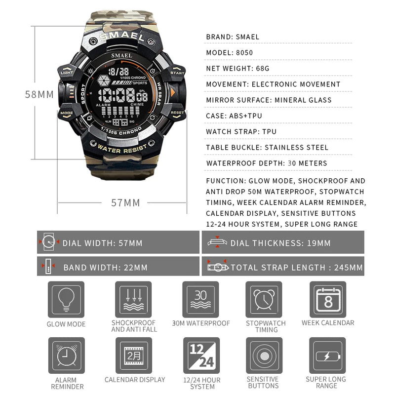 SMAEL Luxury Stopwatch Electronic Watch Men's Fashion Outdoor Countdown Army Military Men Student Alarm Digital Wristwatches