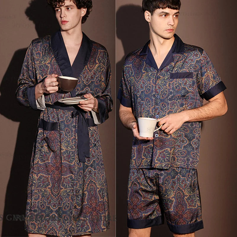 New Men's 3PCS Robe Sets Pajama Ice Silk Rayon Kimono Gown Bathrobe Loungewear Loose Print Home Clothes Nightwear Male Sleepwear
