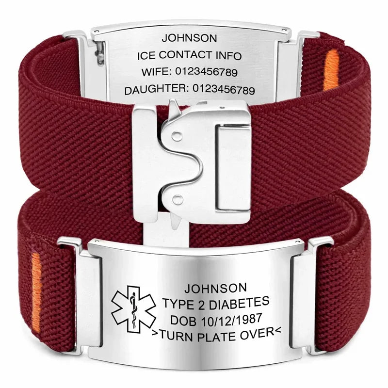 Personalized Medical Alert Bracelet for Men Customized Elastic Strap Stainless Steel ID Engraved Medic - Visuel 15 | SAMAG