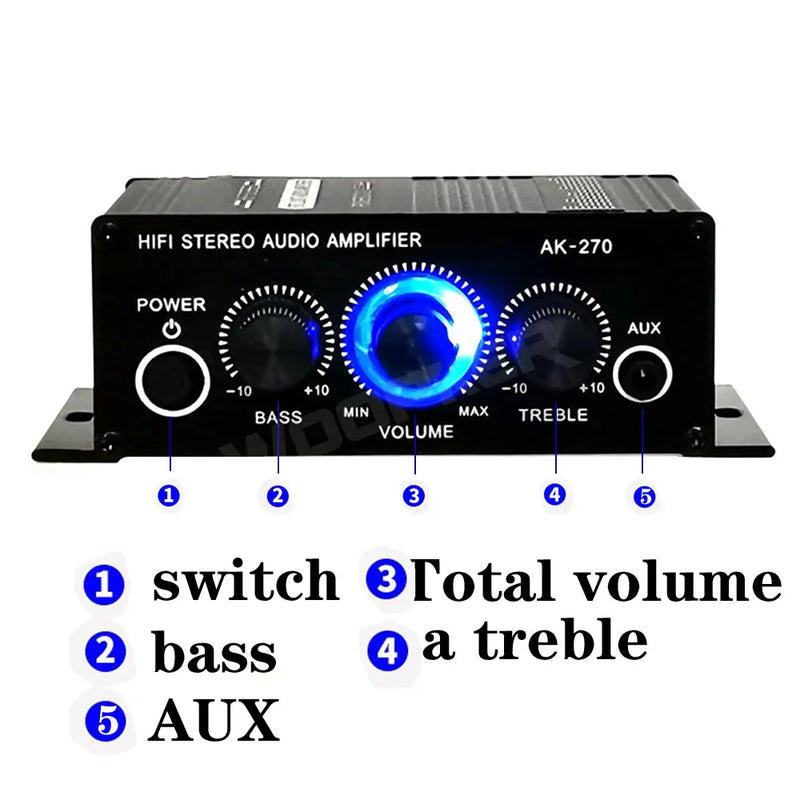 AK-270 HIFI Amplifier Channel 2.0 Stereo Audio Sound Amp Bass Trebl for Home Theater Sound System