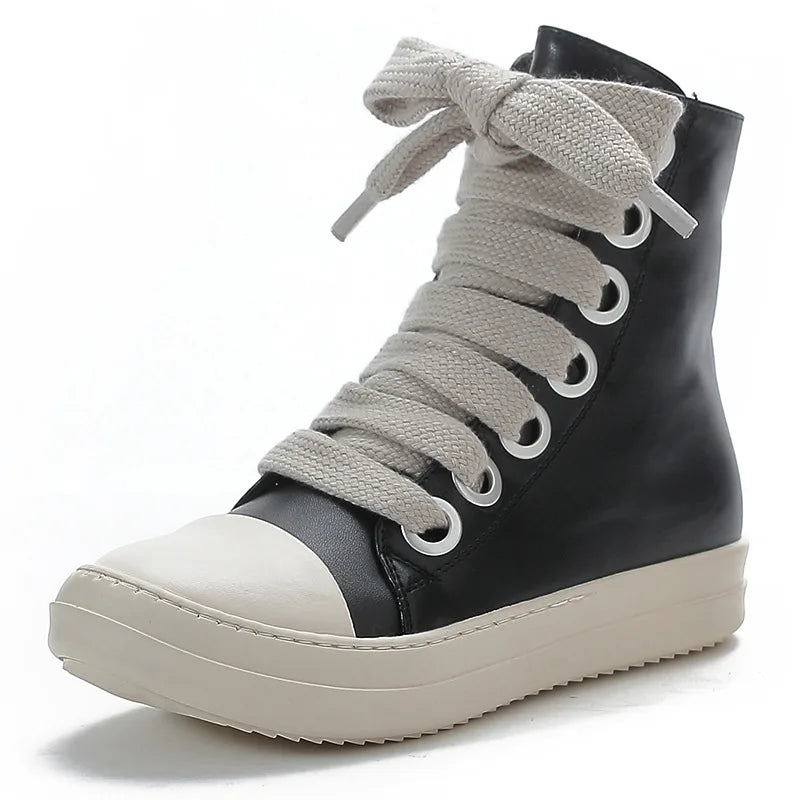 Men's Women Platform Sneakers Black Leather Zipper Lace Up Casual Shoes Thick Bottom Sneakers Large Size Chaussure Femme 2025