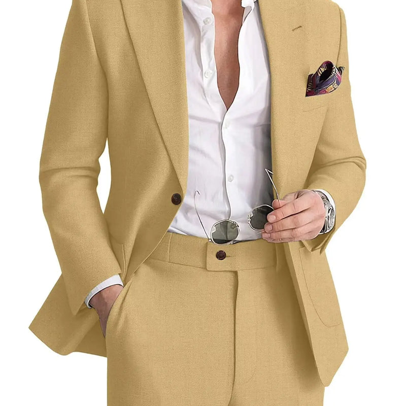 Mens Linen Suit 2 Piece Casual Suits for Men Summer Beach Groom Wedding Suit Linen Blazer Pants Set