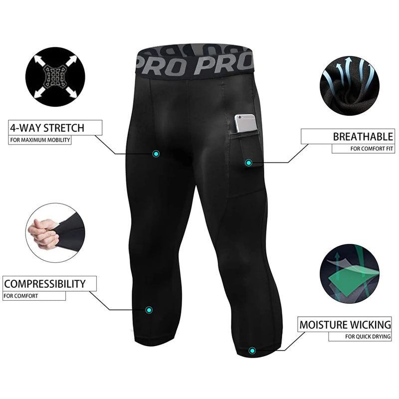 Mens 3/4 Compression Pants Basketball Running Tights Quick Dry Workout Leggings with Pockets Gym Sports Base Layer