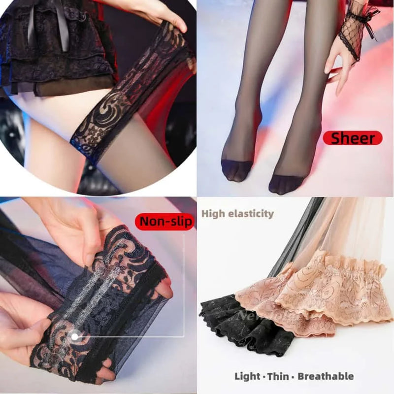 Plus Large Size Oversized Women Black Lace Stockings Thigh High Sexy Ultra-thin for Ladies Over Knee Long Socks Anti-slip XXXXL