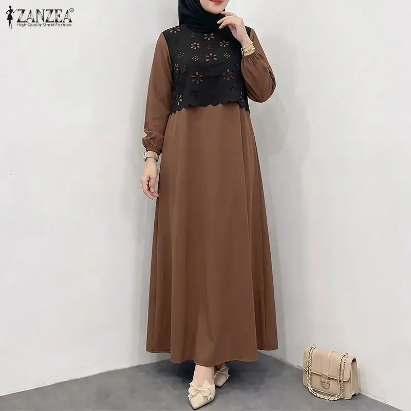 Women Muslim Dress Elegant Long Sleeve Hollow Out Fabric | SAMAG