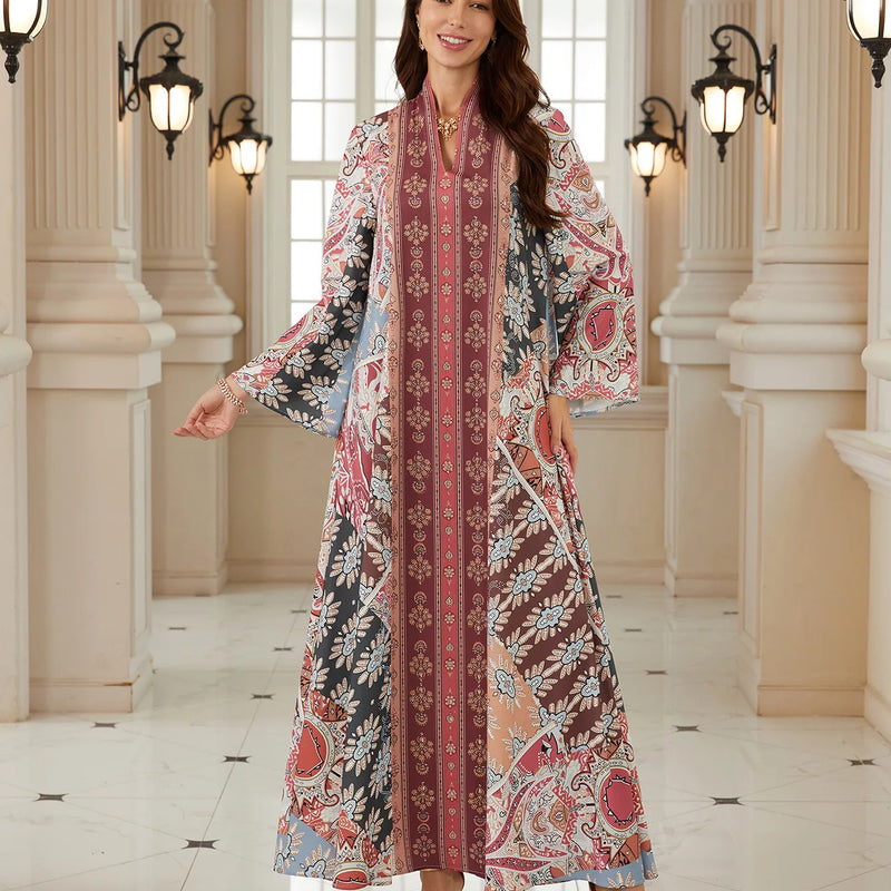 Ethnic V Neck Abaya Boho Floral Print Long Sleeve Loose | SAMAG