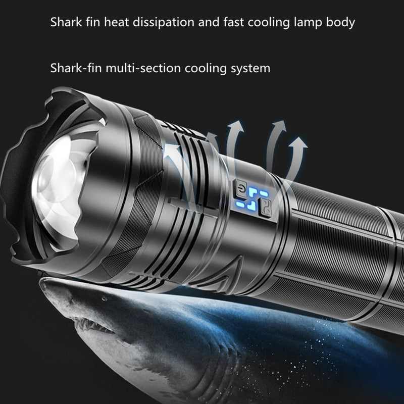 Powerful LED Flashlight Super Bright Spotlight Long Range Zoomable Lantern Emergency Torch Outdoor Tactical Lamp Power Display