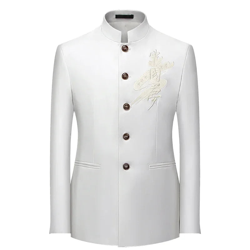 Chinese Stand Collar Men Blazer, Korean Style Solid Casual Suit Jacket, Fashion Slim Fit Dress Coat, Yellow,Burgundy,White,Black