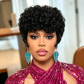 Full Machine Made Short Curly Human Hair Wig, Natural Black Pixie Cut Bob Wigs for Women, Soft Human Hair Short Curls Daily