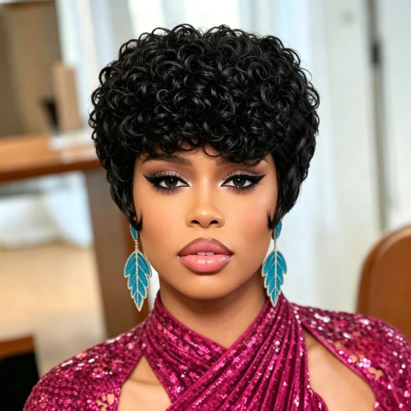 Full Machine Made Short Curly Human Hair Wig, Natural Black Pixie Cut Bob Wigs for Women, Soft Human Hair Short Curls Daily