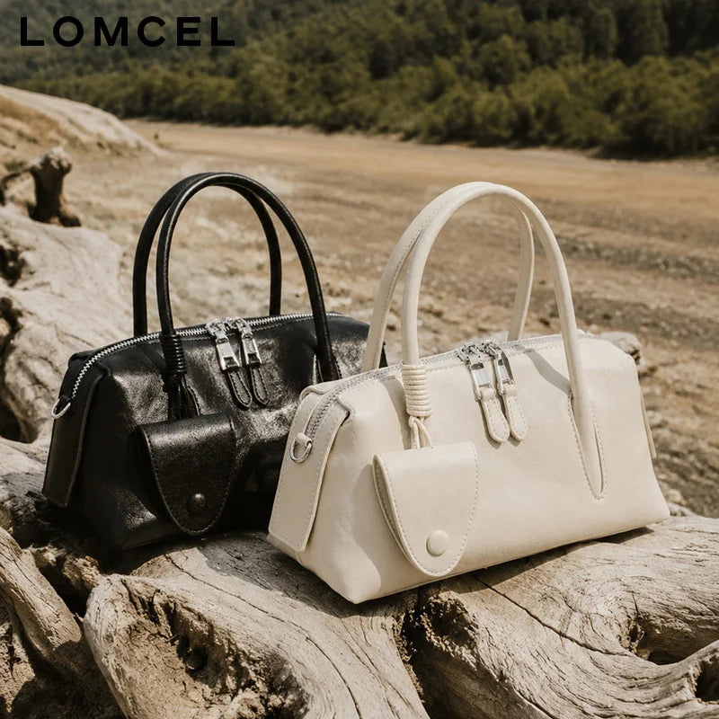 LOMCEL 632 Leather shoulder crossbody bag for daily use 2026 new model Boston pillow bag, top layer of cowhide bowling bag