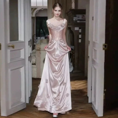 Pink Luxury Satin Prom Dress Glitter Sequins Bodice | SAMAG