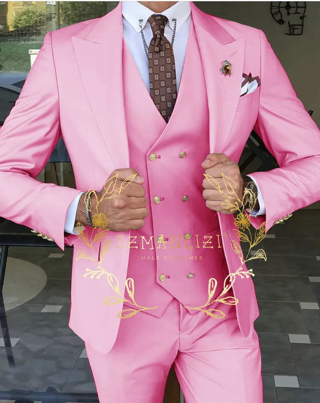 Beige Business Suits For Men Tuxedos Gold Buttons Groom Groomsman Prom Wedding Party Formal 3 Pieces Sets - View 8 | SAMAG