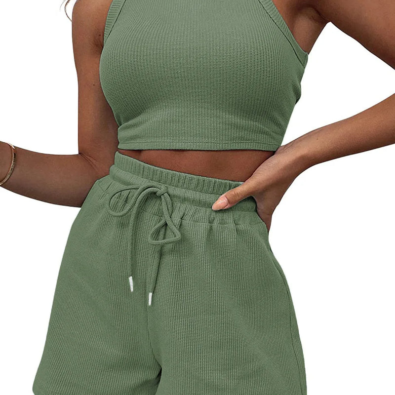 Hot Sells Women's Shorts 2-piece Set Waffle Short Vest Sports Running Elastic Waist Drawstring Summer Fashion Set for Female