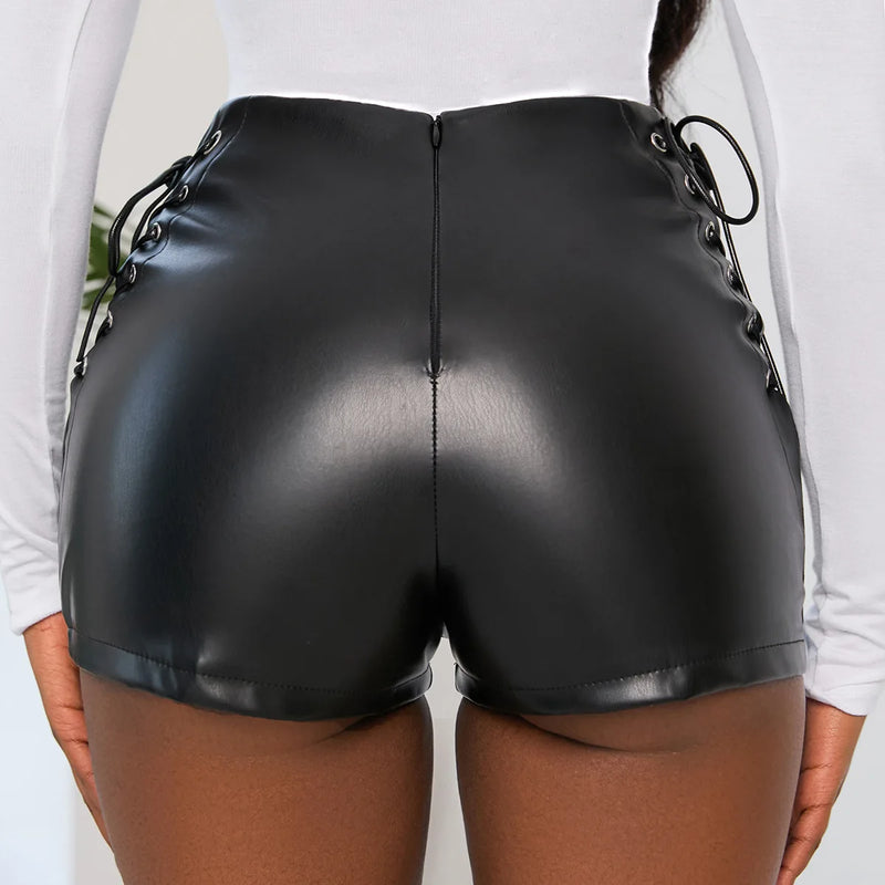 Sexy Black PU Fashion Casual Summer Shorts Women Faux Leather Lace Up Goth Club High Waist Shorts Y2K  Slim Short Pants Ecoparty