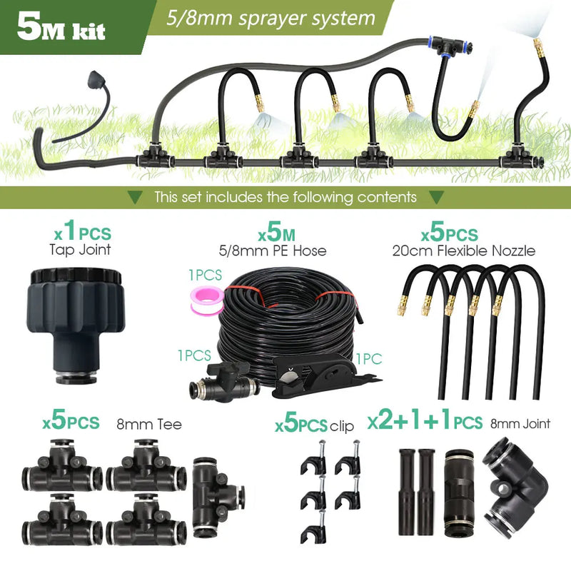 Garden 5-30M 8mm PE Hose 20cm 360° Bending Brass Nozzle Spray Kit Atomized Automatic Irrigation Equipment Plants Mist Wateriing