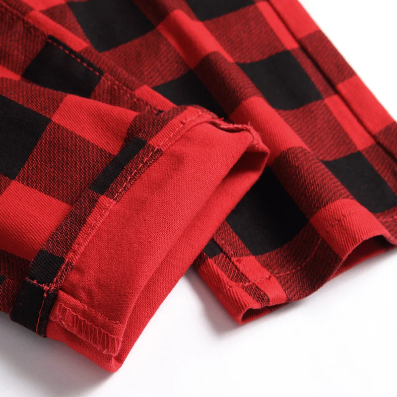 Men's Red Jeans with Checkered Print Details, Made | SAMAG