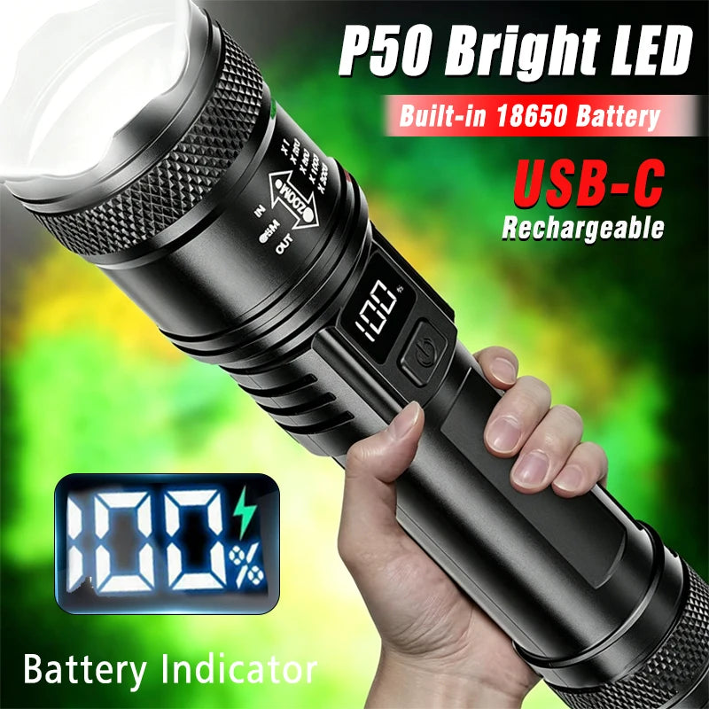 2000LM Ultra Bright P50 LED Flashlight Tactical EDC Torch Telescopic Zoom Type-C Rechargeable Emergency Spotlight for Camping