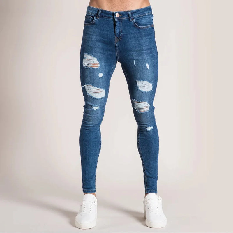 New White Embroidery Jeans Men Cotton Stretchy Ripped | SAMAG
