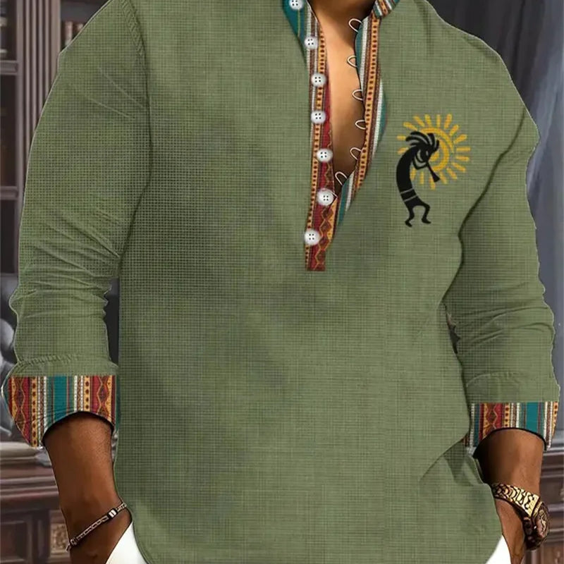 New Men's Henry Collar Linen Long Sleeve Casual Shirt | SAMAG