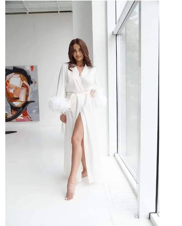 Long Silk Robe White Boudoir Wedding Kimono Satin | SAMAG