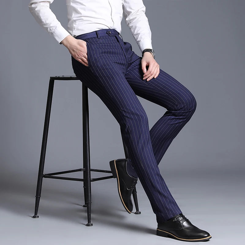 2026 Men's Blue Vertical Striped Suit Pants, Black Business Casual Trousers, Asian Sizes 28-40, Burgundy and Gray Plaid Pant.
