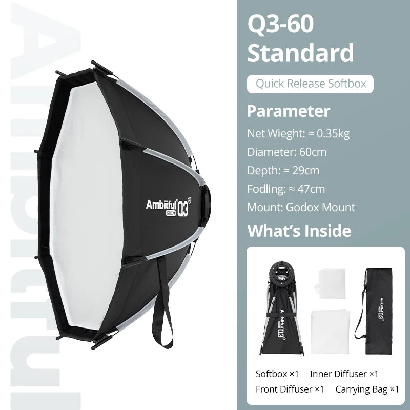 AMBITFUL Q3 Series 40/60cm Quick Release Standard SA-GD Ring Softbox For GODOX ML60 ML100 AD300PRO Video COB FlashLight