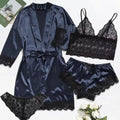 Women's Pajama Fashion 4-piece Set Lace Satin Strap Sexy | SAMAG