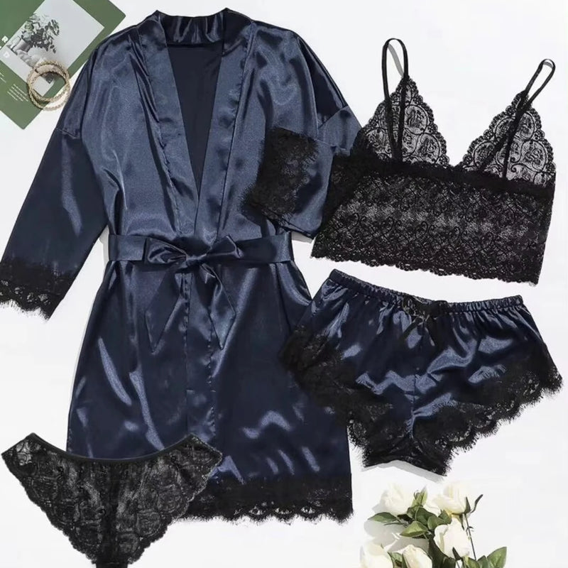 Women's Pajama Fashion 4-piece Set Lace Satin Strap Sexy | SAMAG