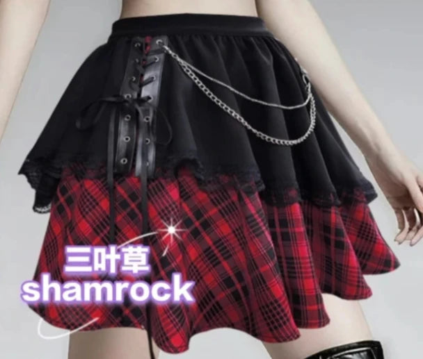 Summer Large Size New Irregular Punk Style Sexy Plaid Splicing Skirt Personalized Girl Subculture Lace Goth Style Short Skirt