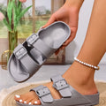 Women's Youth Mules New Summer Retro Casual Slip-On Shoes Eva One-Piece Double-Bar Half-Slip Flat Slippers with Adjustable Buckle