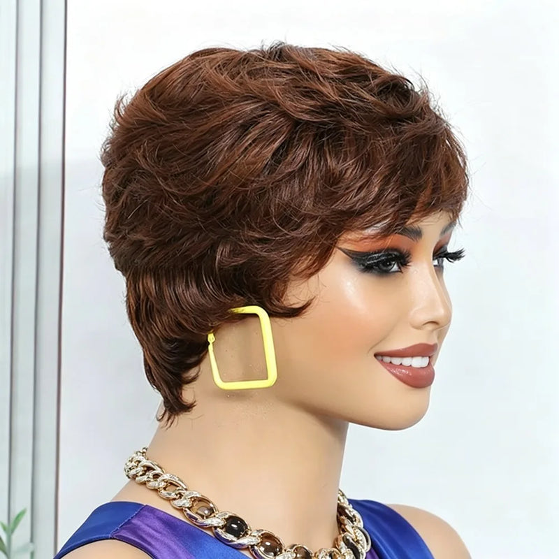 4# Chocolate Brown Pixie Cut Wigs For Ladies Short Layered Real Human Hair With Bangs Professional Machine Crafted Fashion Daily