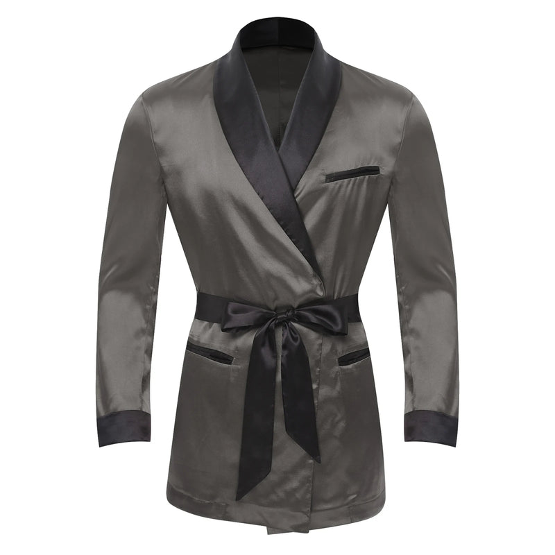 Mens Sleepwear Jacket Robe with Belt Pajamas Top Lapel Long Sleeve Side Pockets Satin Shirt Kimono Bathrobe Nightwear Loungewear