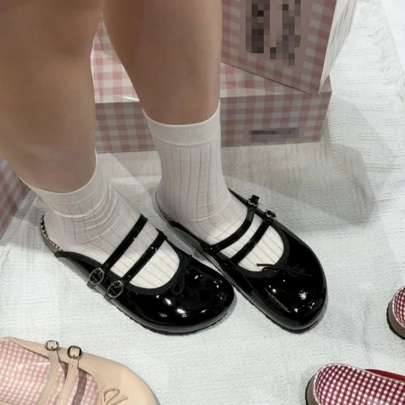 Women's Patent Leather Mary Jane Mules Buckle Bow Decor Slip on Flat Shoes Plaid Lining Casual Half Slippers Fashion Footwear