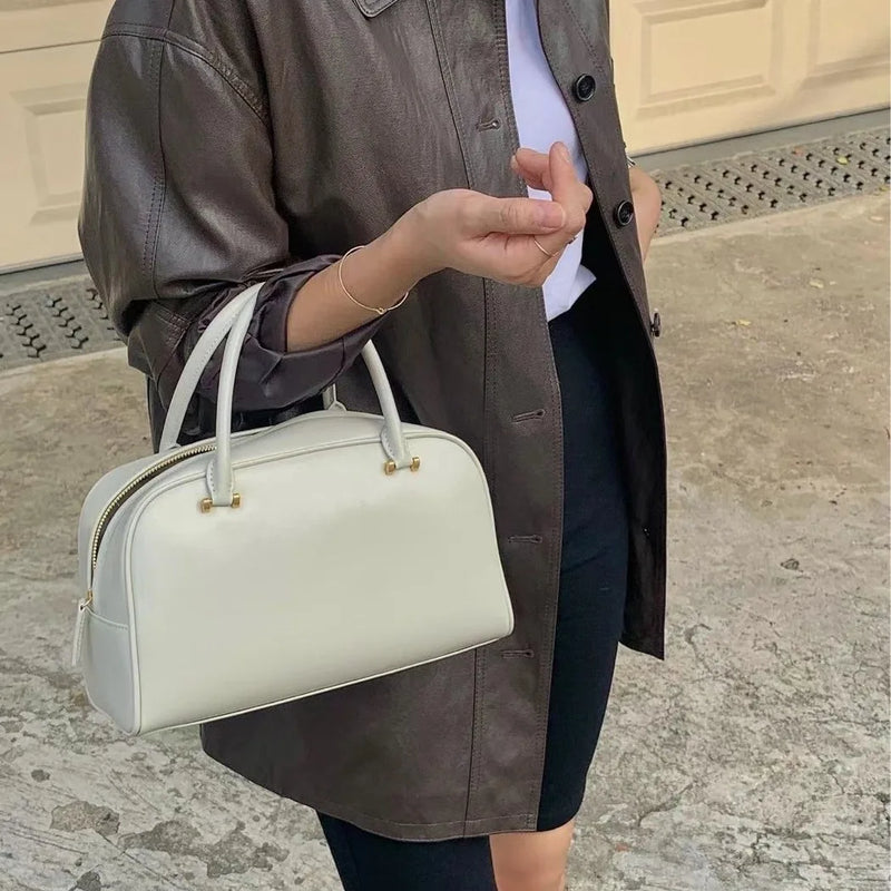 2025 Boston bag women genuine leather handbag new trendy  maillard niche design large-capacity commuter retro bowling tote bag