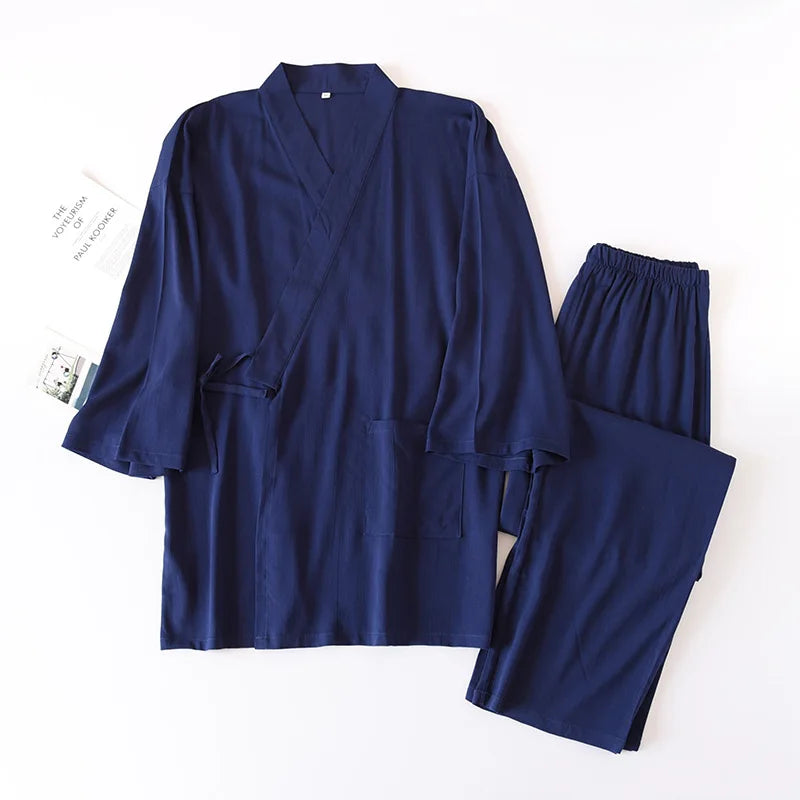 2026 Men's Japanese Kimono Robes Sets Cotton Linen Pajamas Two-piece Set Couple Loose Bathrobes Sweat Steaming Home Service Suit
