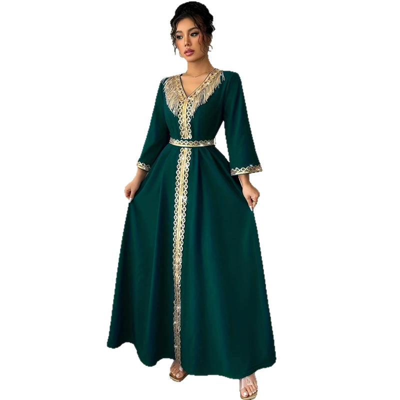 Moroccan Kaftan Abaya Women Dubai V Neck Gold Fringe | SAMAG