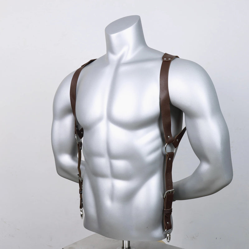 1pc Men'S Punk Gothic Faux Leather Suspenders - Adjustable Strap Body Harness with Metallic Buckles, Fashion Accessory