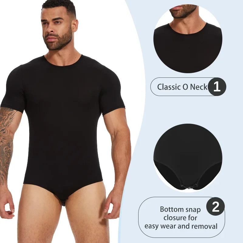 Mens Round Neck Shapewear Short Sleeve Bodysuit Press Button Crotch Underwear Tummy Control Jumpsuit High Stretch Fitness